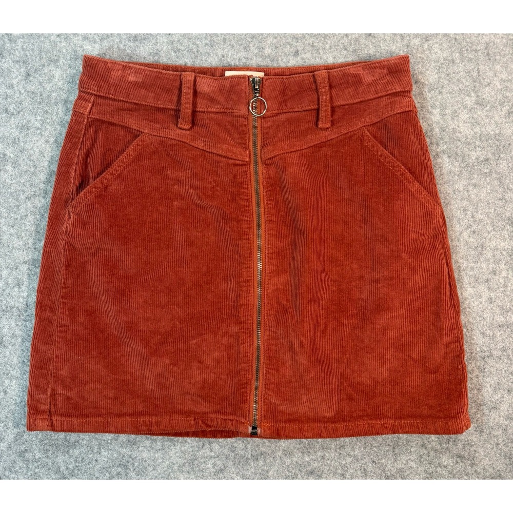 SO Womens Rust Orange Corduroy Mini Skirt Front Zip A-Line Size 5/27W - Picture 1 of 5